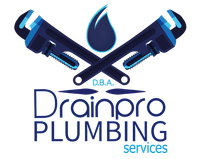 Logo for Drainpro Plumbing, featuring crossed blue wrenches and a water drop.