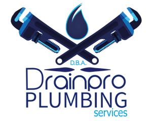 Logo for Drainpro Plumbing, featuring crossed blue wrenches and a water drop.