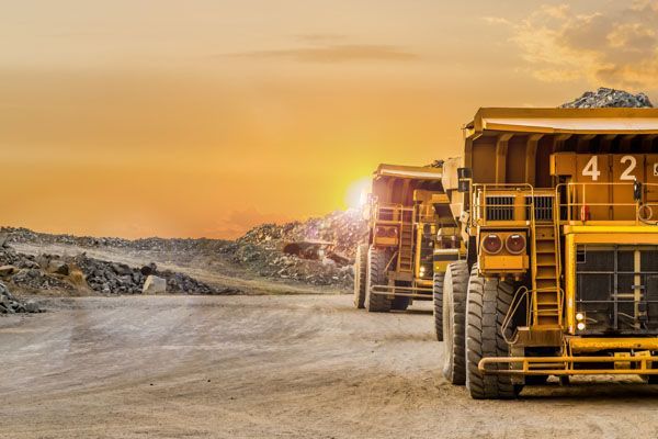 A row of yellow dump trucks are parked in a dirt field.