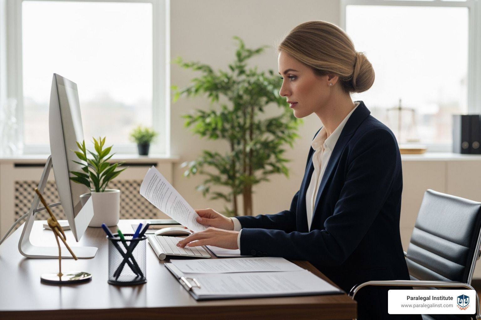 professional paralegal working in a modern office setting - paralegal curriculum online