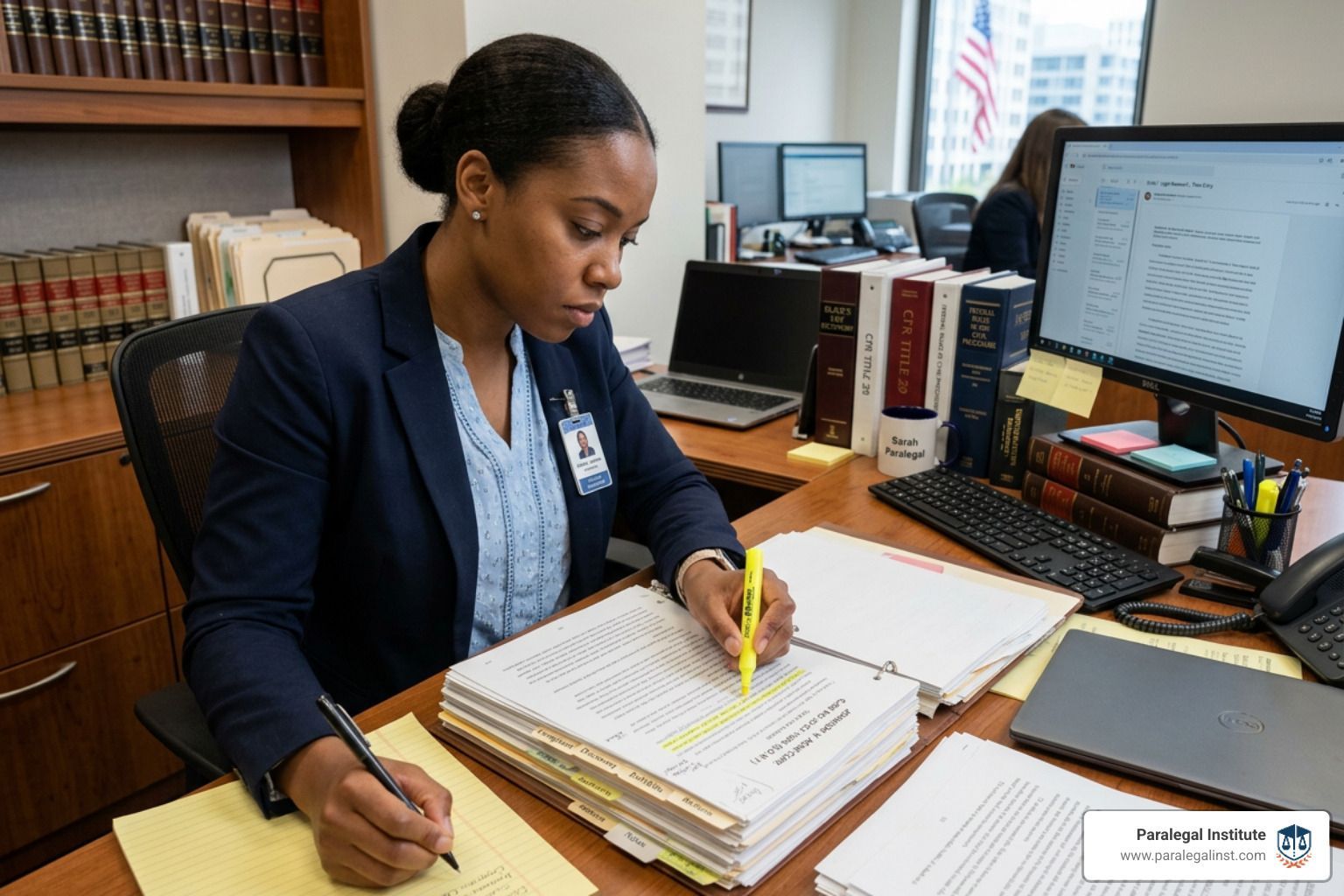 A paralegal meticulously analyzing a case file to identify key legal issues - Legal research skills