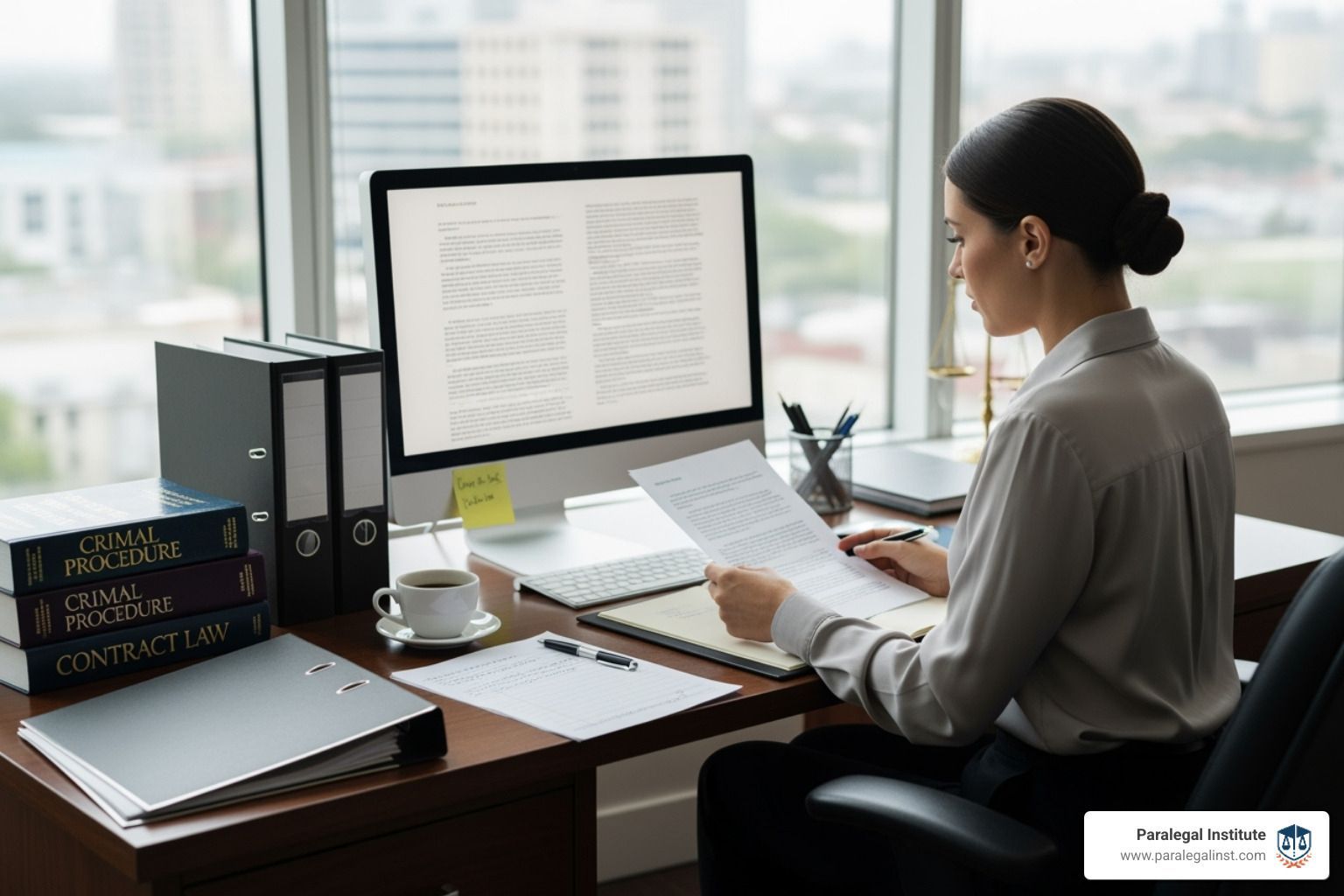 paralegal working at a desk with law books and a computer - paralegal course curriculum
