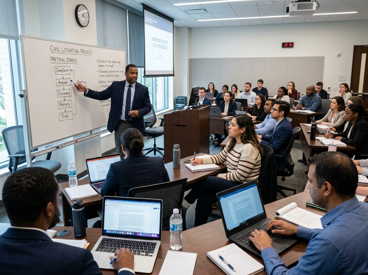 Students engaged in a live legal lecture with a practicing attorney - paralegal certificate program 