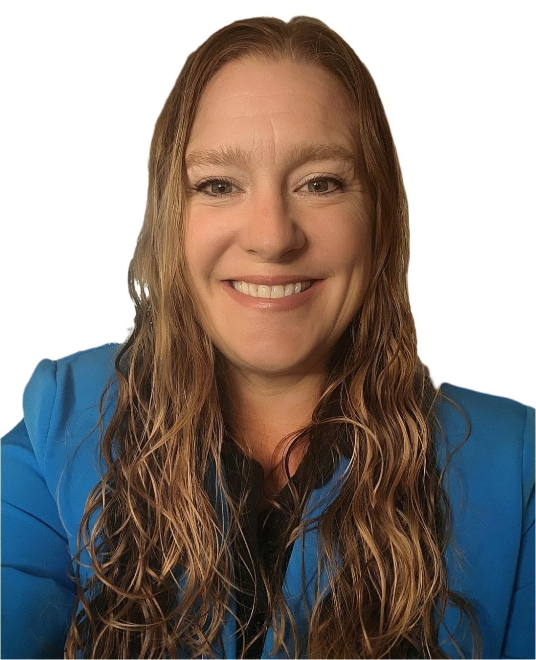 Woman with long, wavy brown hair smiles, wearing a blue blazer against a white background.