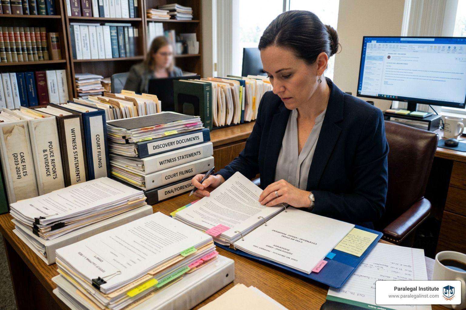 Paralegal reviewing complex criminal case files and evidence - criminal law paralegal certificate