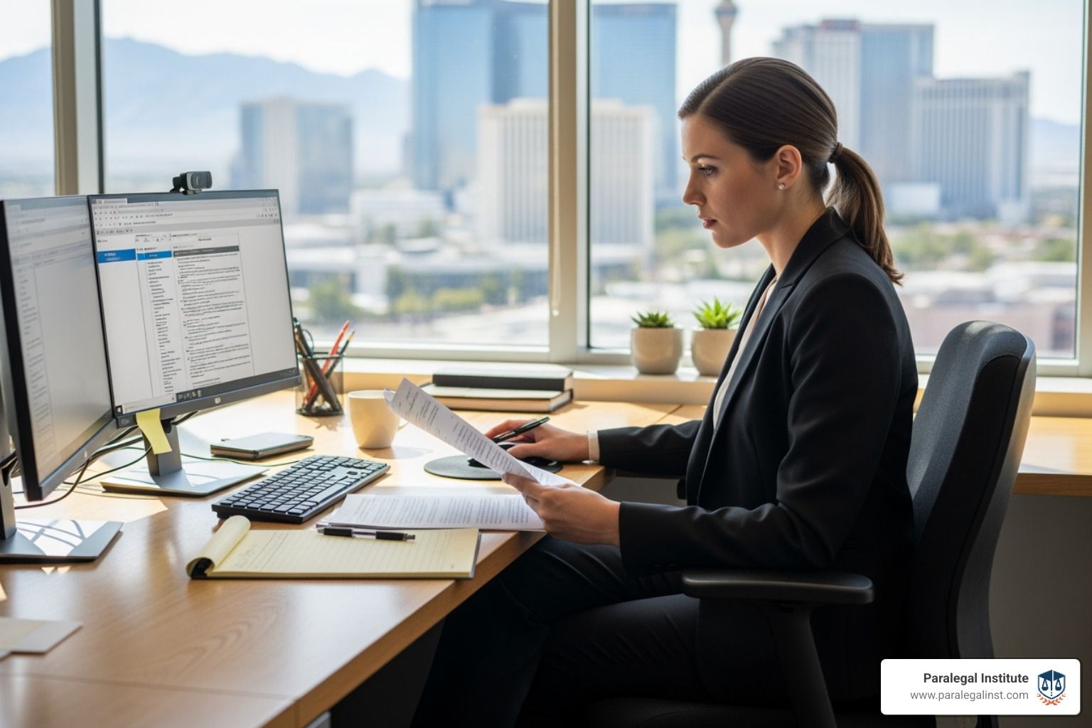 Infographic on the entry-level paralegal job market in Las Vegas showing available positions, top em