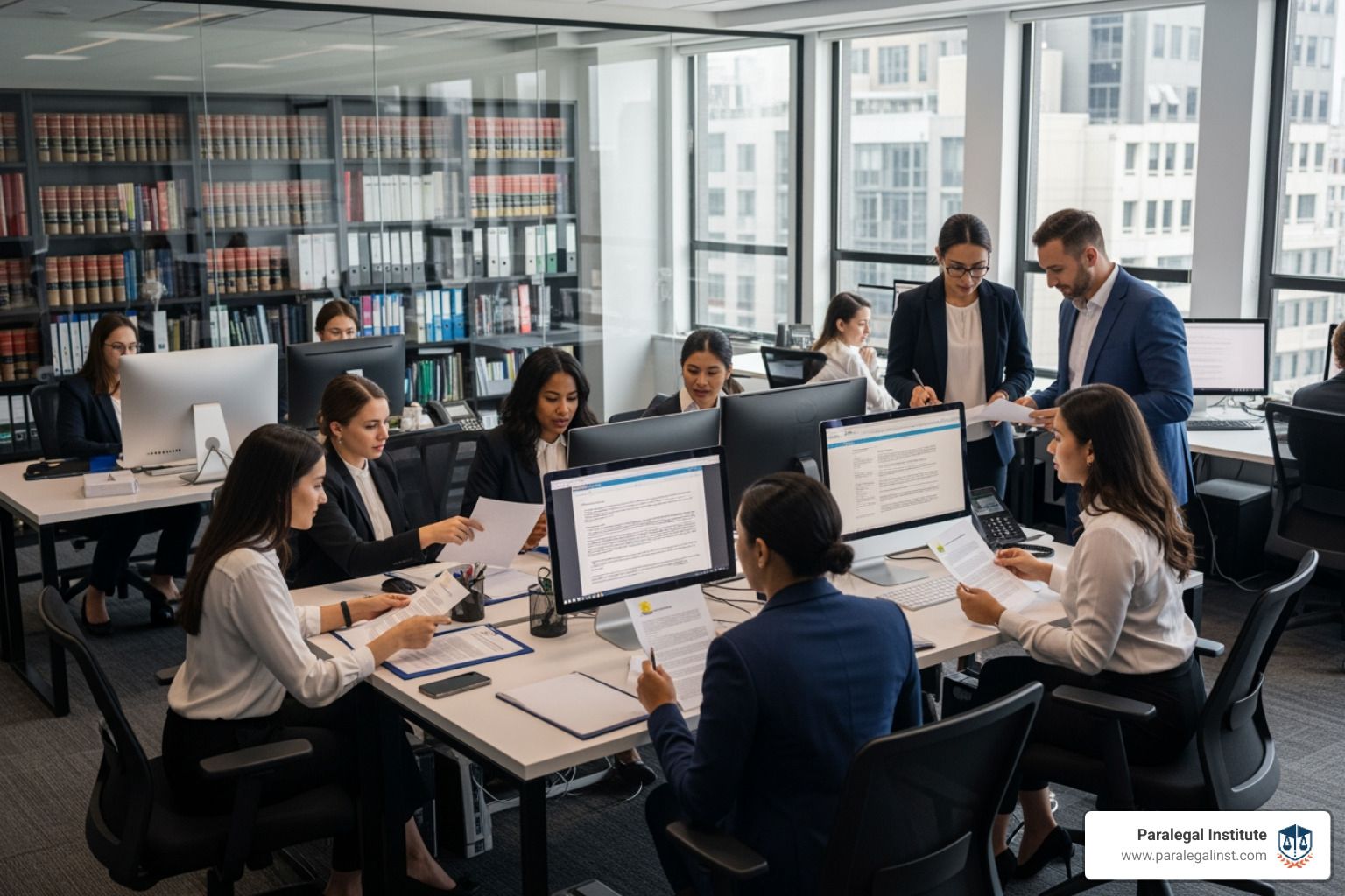 corporate paralegals working in a professional corporate legal office - corporate paralegals