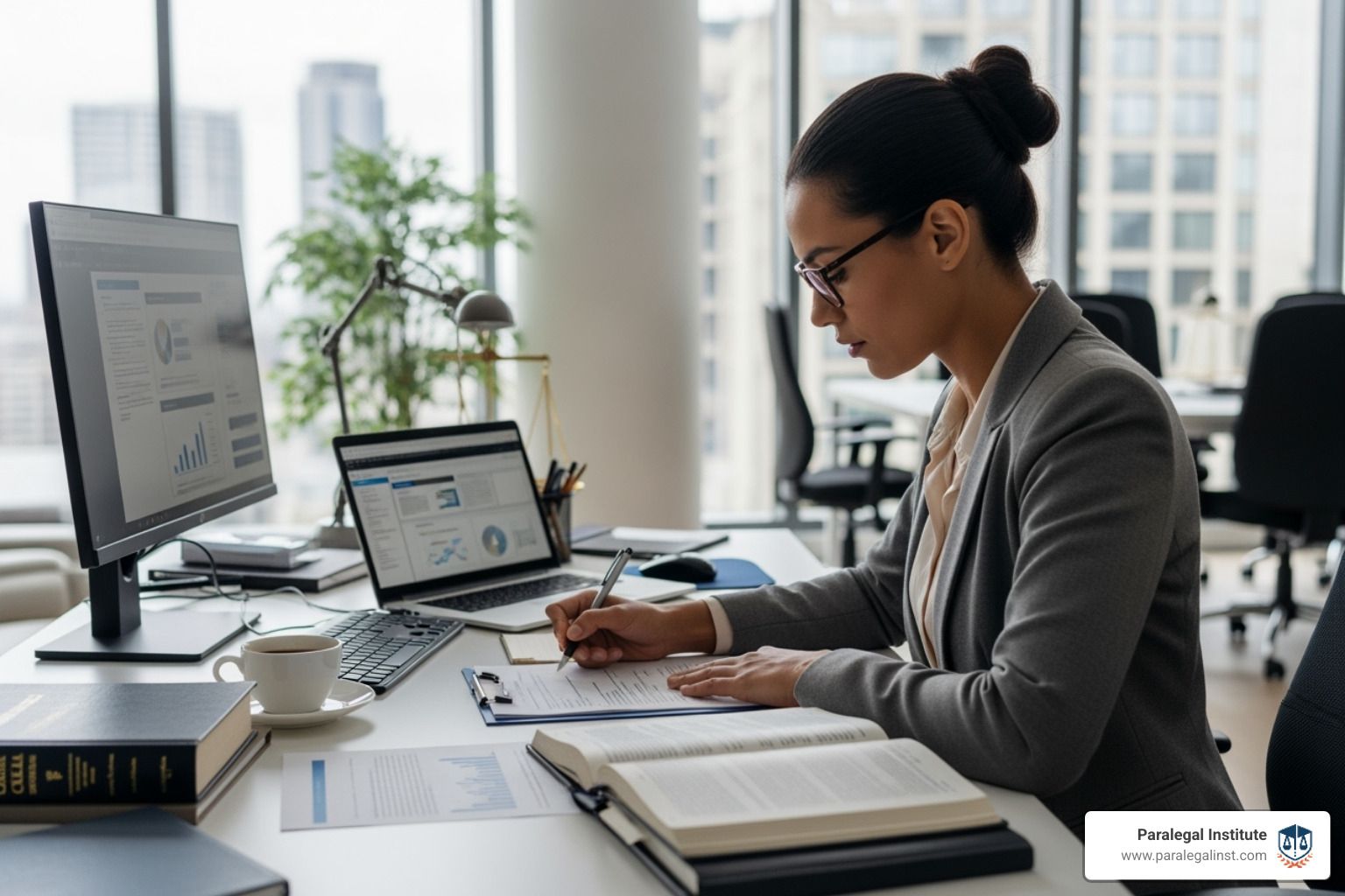 professional paralegal working in modern law office - commercial litigation paralegal job descriptio