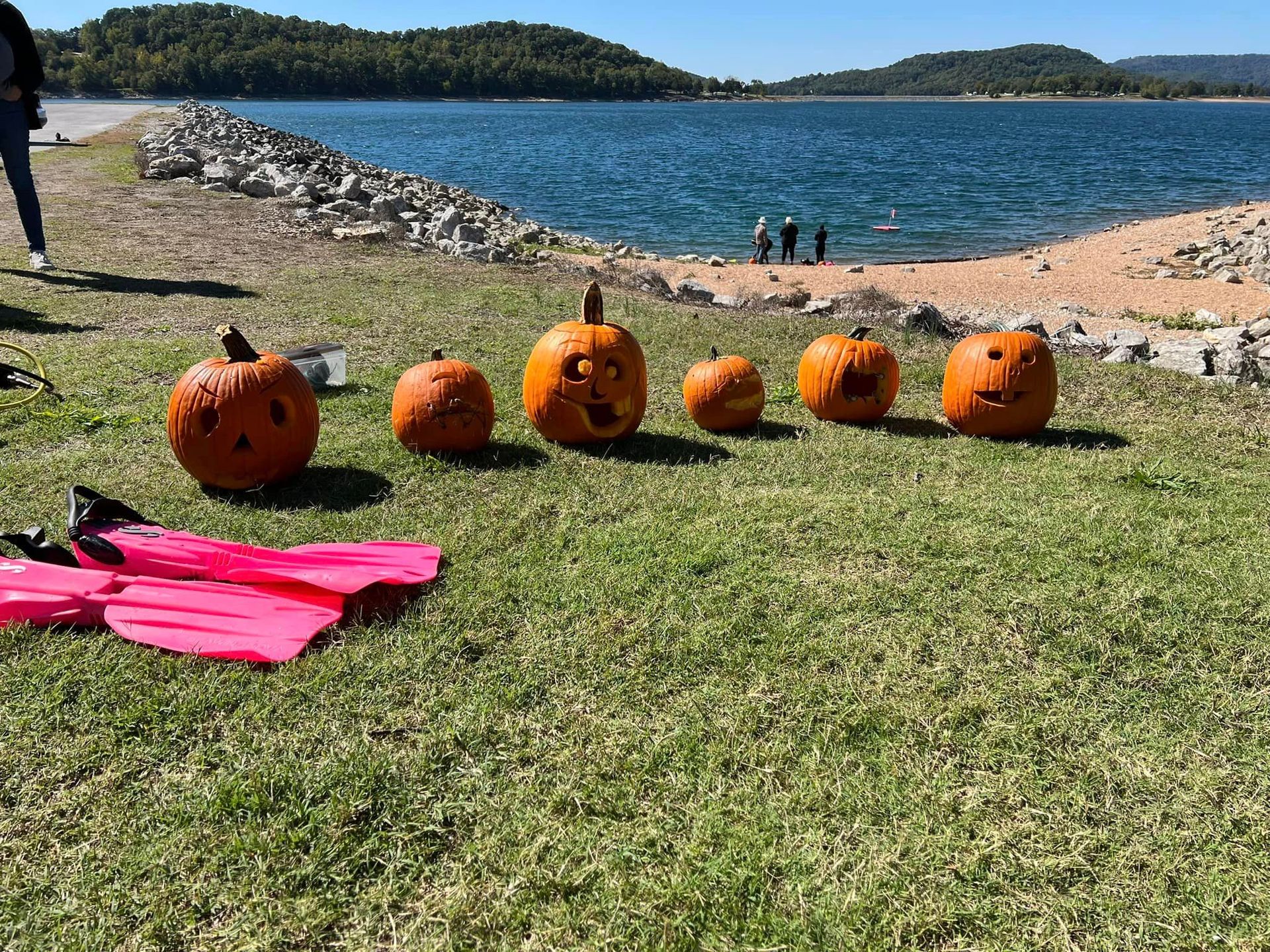 A group of pumpkins with faces carved into them are sitting on top of a lush green field.