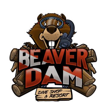 A logo for a beaver dam dive shop and resort