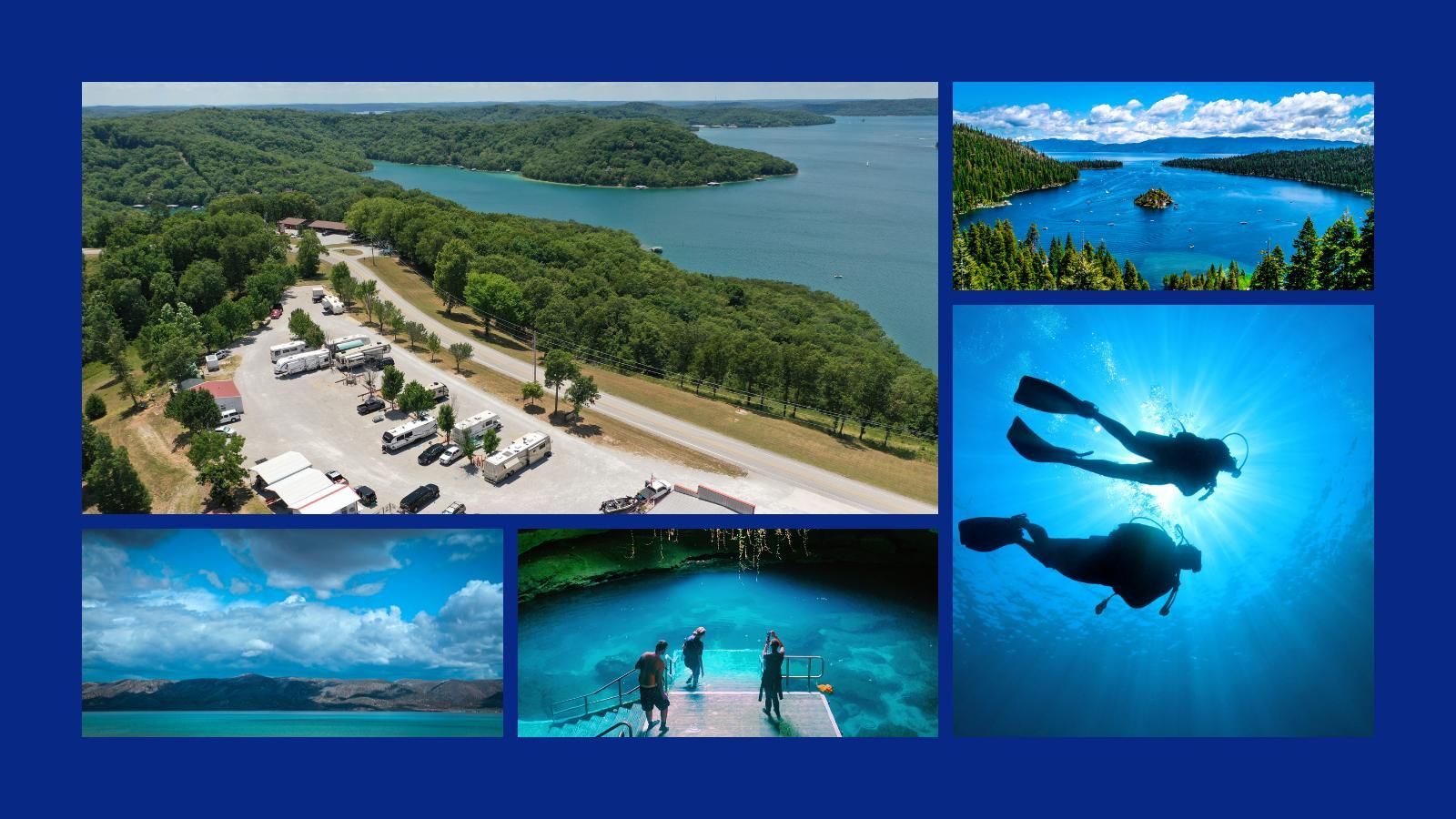 A collage of pictures of different freshwater lakes in the US and scuba divers.