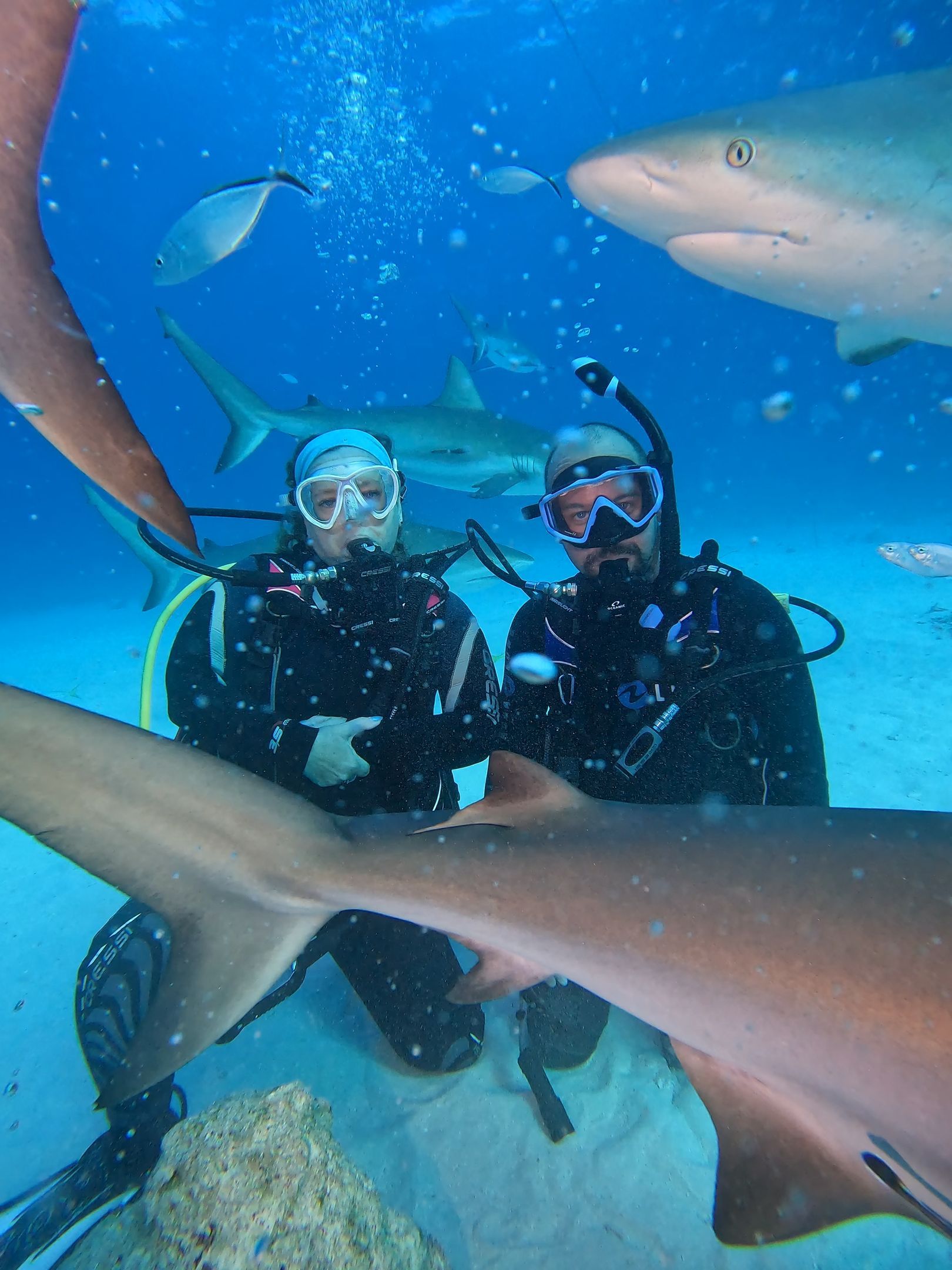 Two scuba divers are posing for a picture with sharks in the ocean.