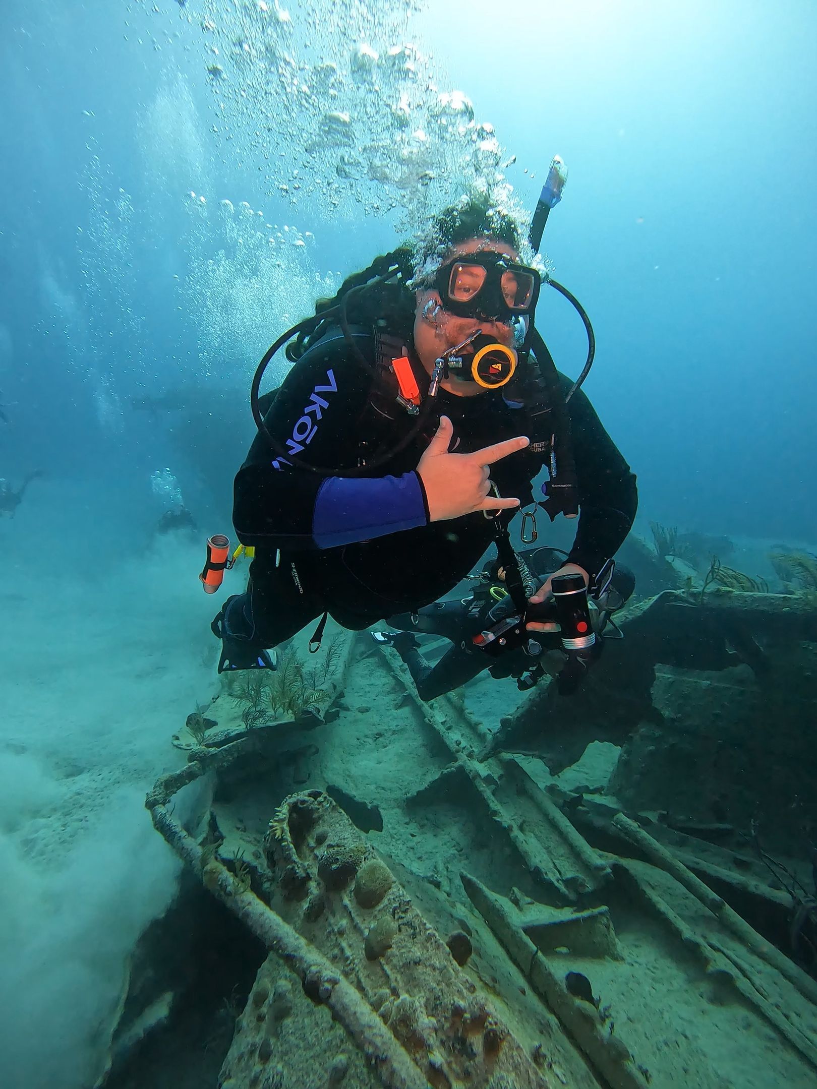 A scuba diver is swimming over a shipwreck in the ocean.