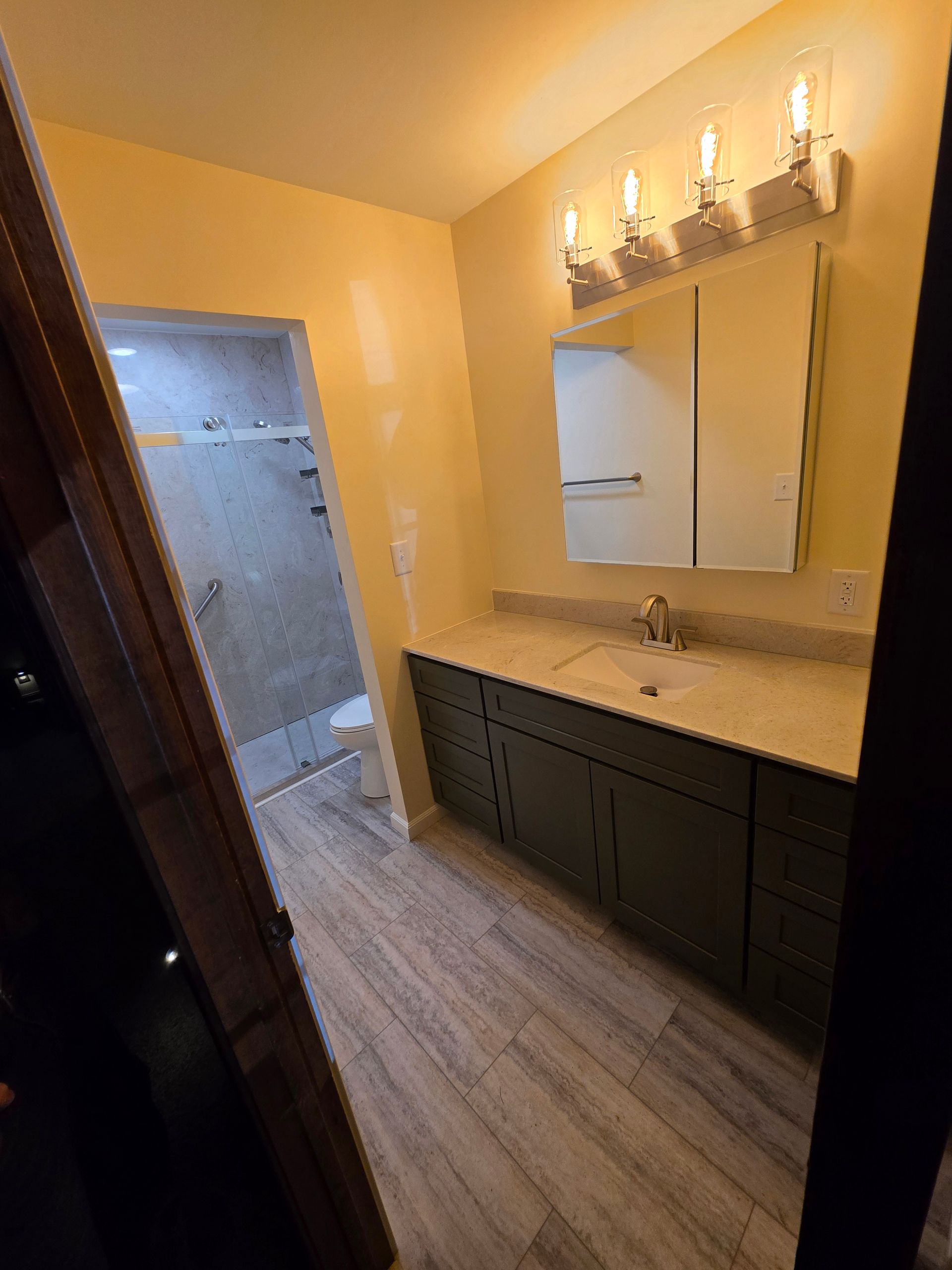 Bathroom with gray-veined flooring, dark green vanity, and a mirror with a light fixture above. Shower visible on the left. - Savoy, IL