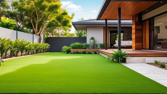 Luxury home exterior with a pristine synthetic grass lawn.