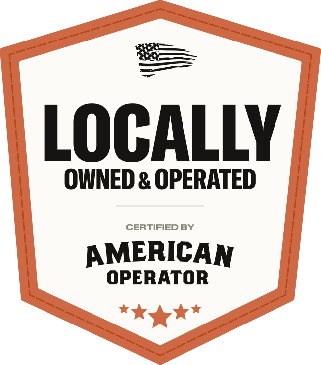 Shield badge reading “Locally Owned & Operated” and “Certified by American Operator” with small stars.