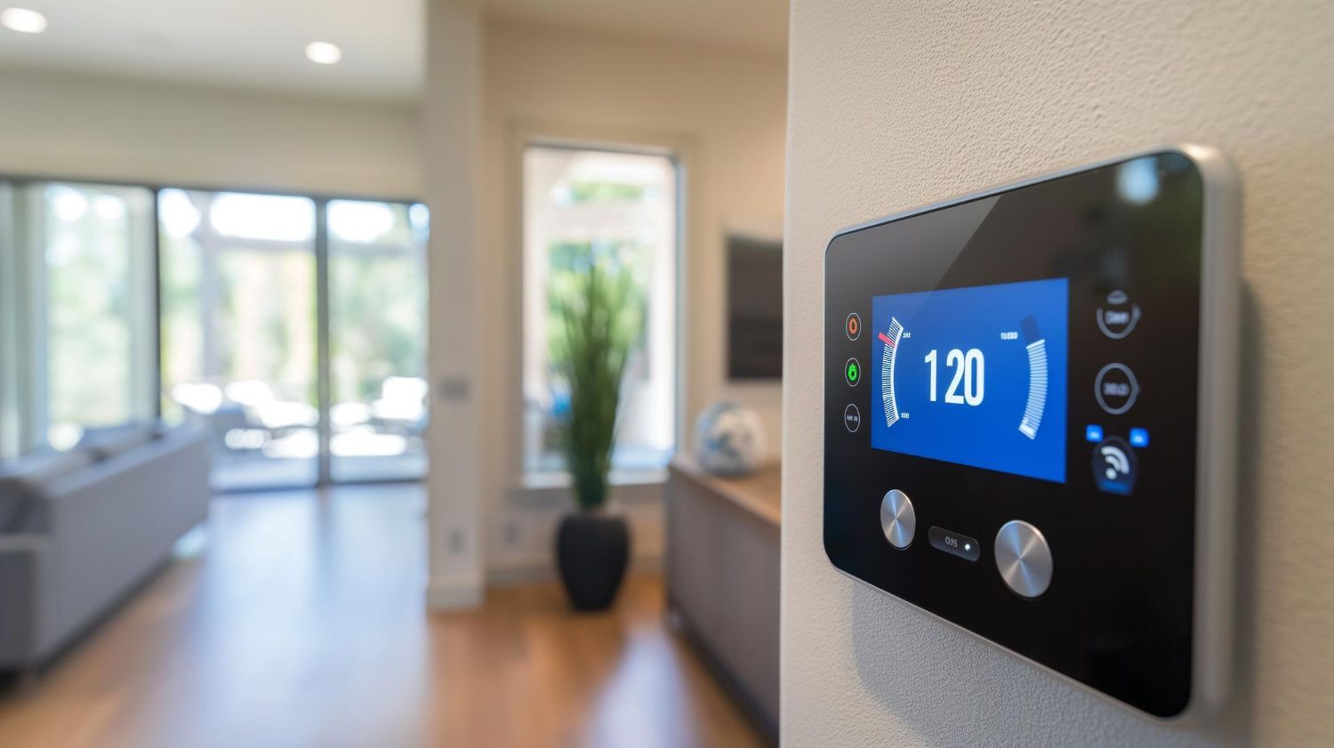 A smart thermostat is hanging on a wall in a living room.
