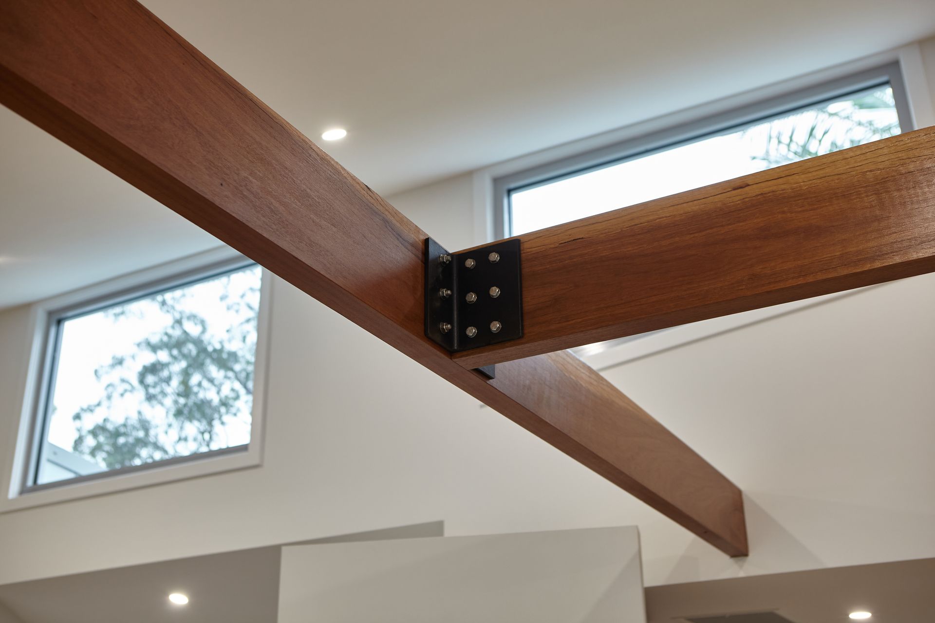 Contemporary interior, complete with exposed beams, pitched ceilings, and 270 degree views.