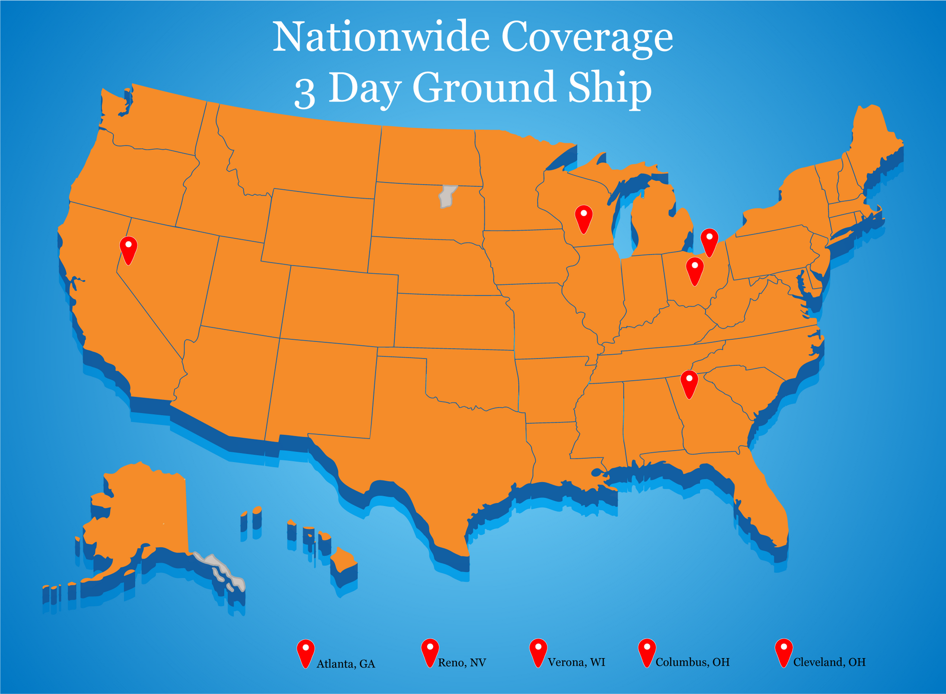 Map of the US showing nationwide 3-day ground shipping with red markers in various states, colored orange.