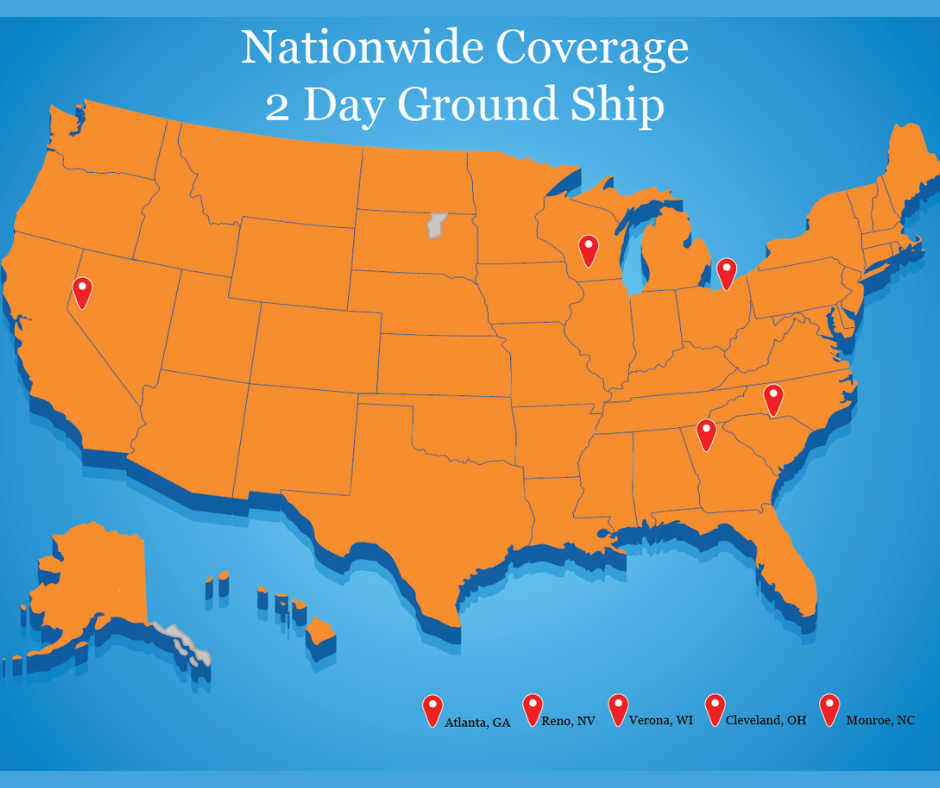 Map of the United States showing nationwide 2-day ground ship coverage with pins indicating locations in Atlanta, GA; Reno, NV; Verona, WI; Cleveland, OH; and Monroe, NC.