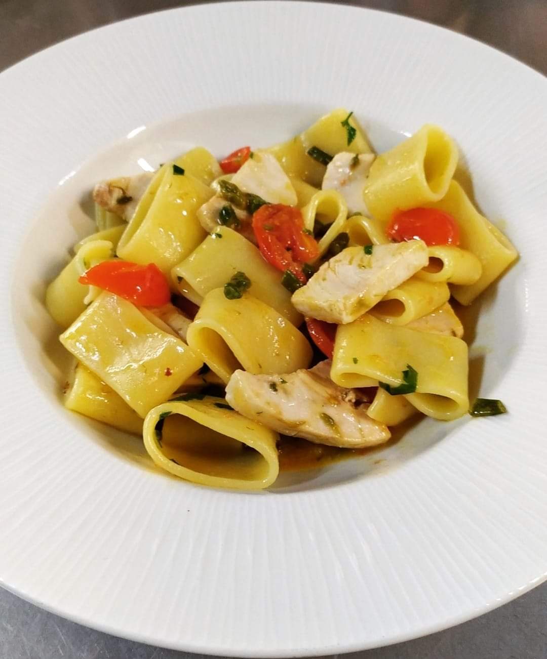 Calamarata with Swordfish, Asparagus and Cherry Tomatoes