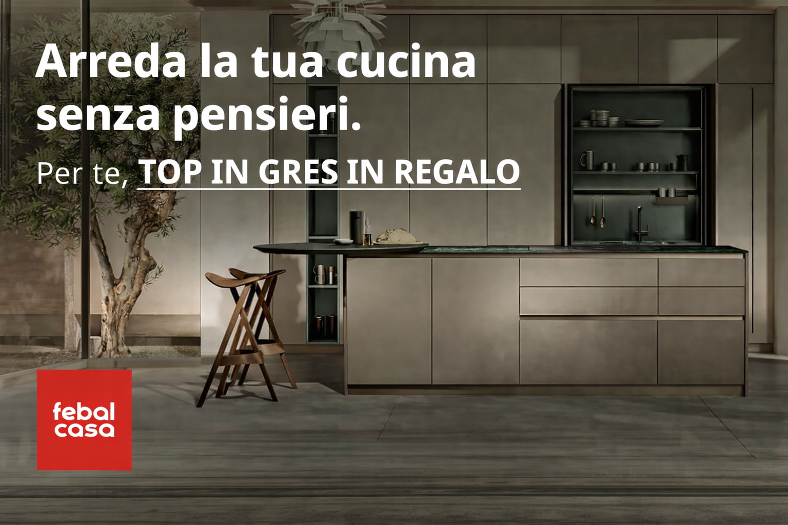 Kitchen advertisement with modern cabinetry. Text: 