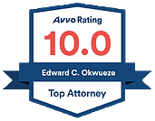 A badge that says avvo rating 10.0 edward c. okwueze top attorney.