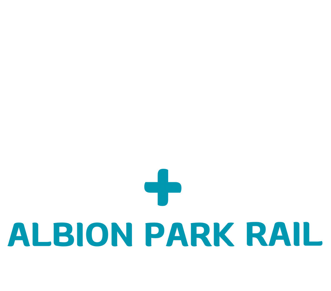 A logo for albion park rail with a blue plus sign on a white background.