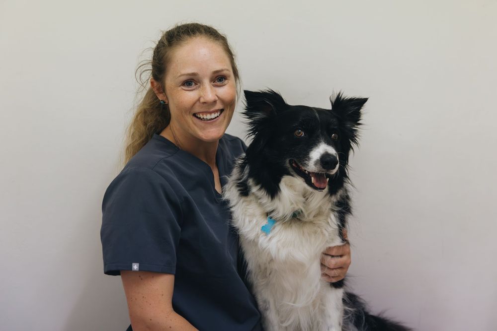 A woman is sitting next to a black and white dog.