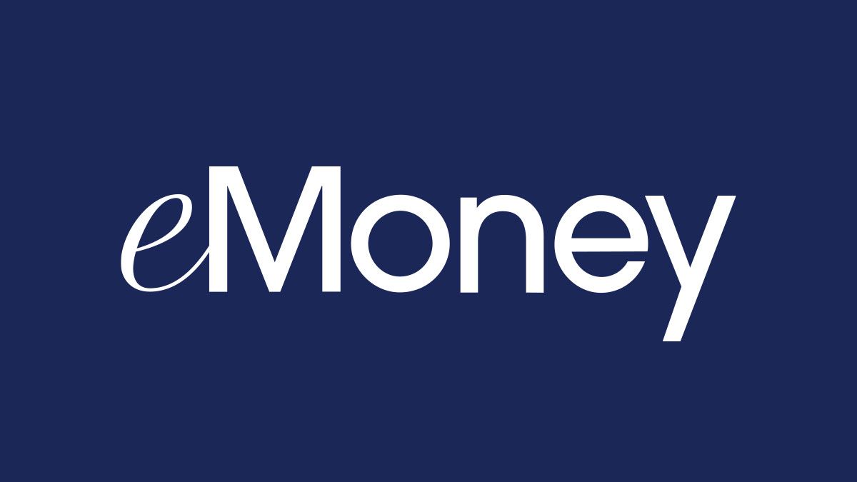 The emoney logo is on a blue background.
