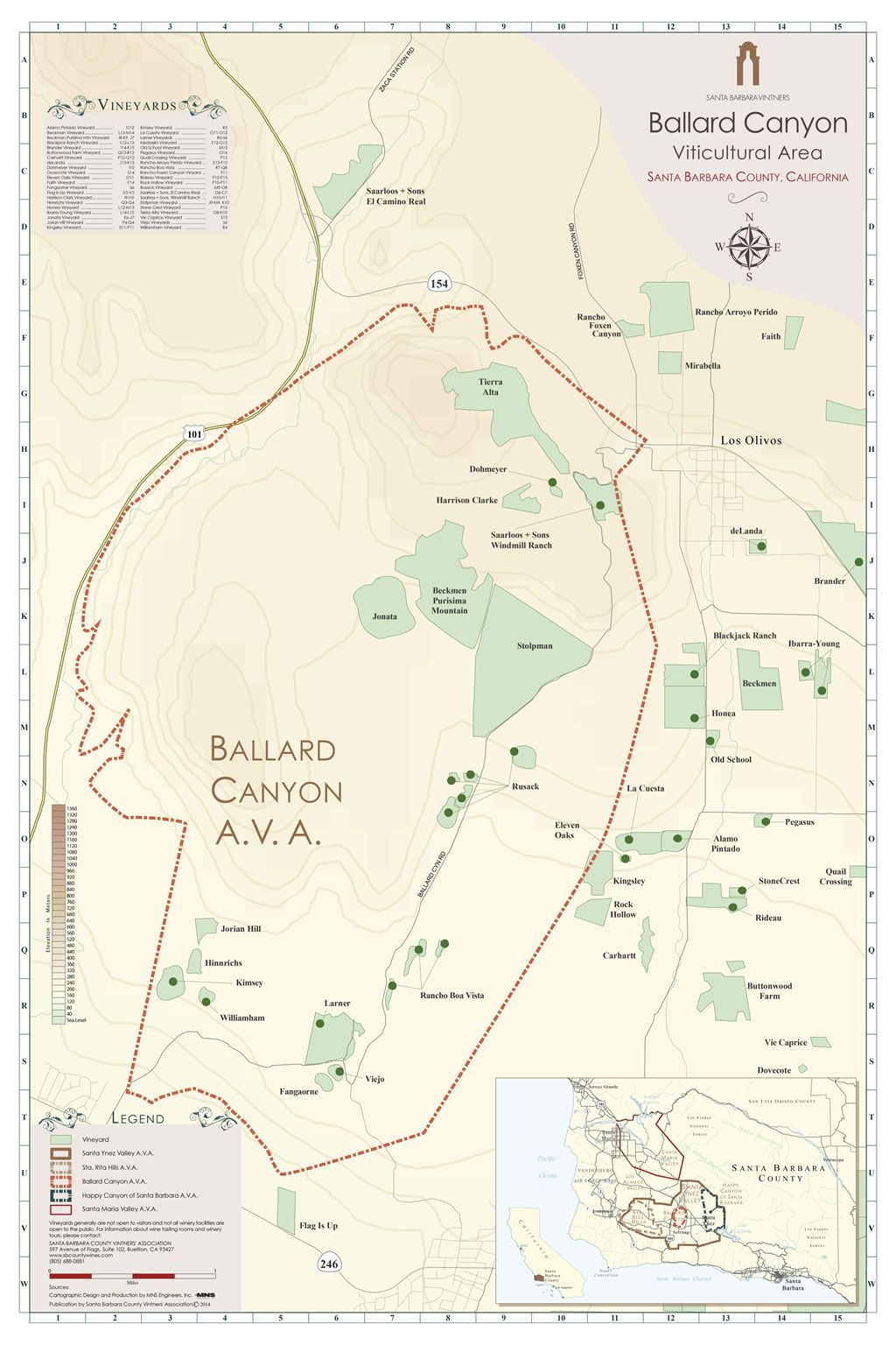 Map of Ballard Canyon American Viticultural Area, showing vineyards, roads, and elevation contours.