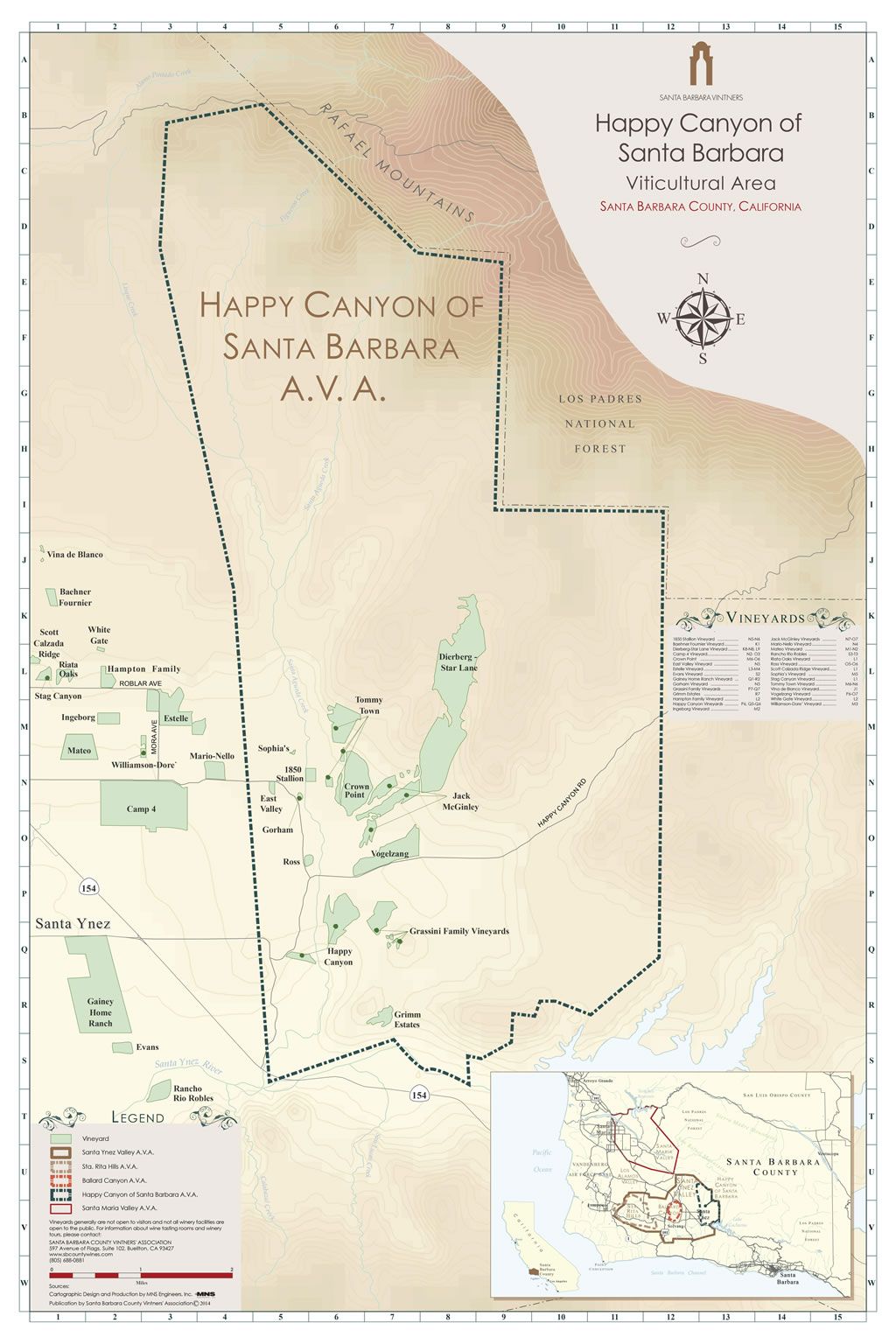 Map of Happy Canyon of Santa Barbara AVA, showing vineyards and terrain details.