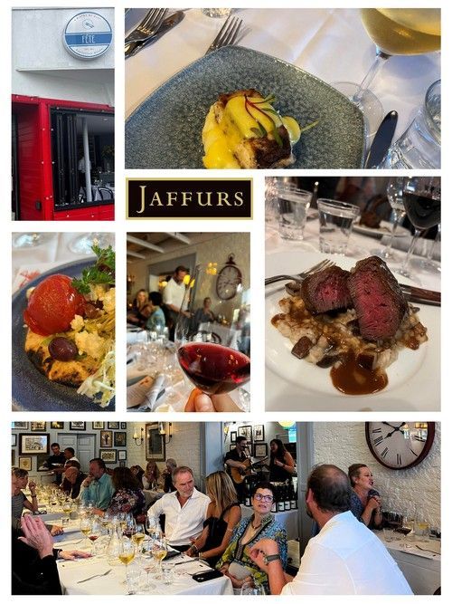 Collage of food, dining room, and people at Jaffurs restaurant. Includes plates of food and a close up of the restaurant sign.