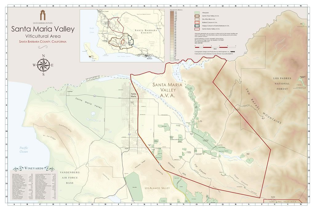 Map of Santa Ynez Valley, showing roads, terrain, and a highlighted region.