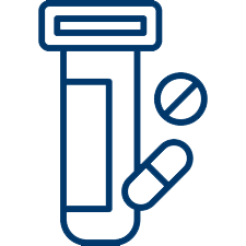 a line drawing of a bottle of pills and capsules .