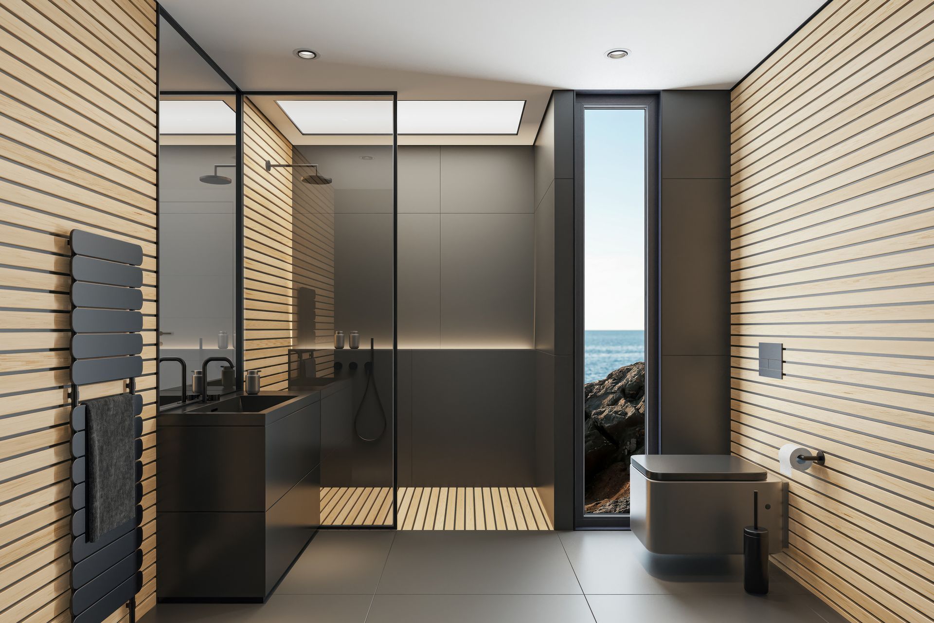 Picture of a modern minimalist bathroom after the remodel process.