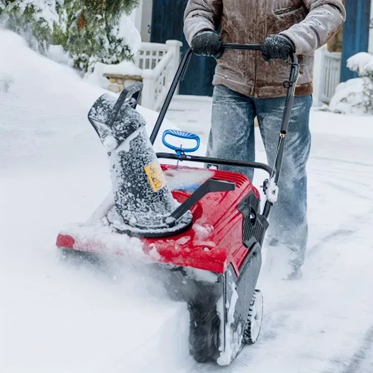 Person using a red snow blower on a snow-covered walkway near a house.