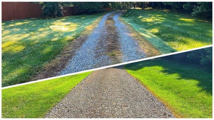Split image: Gravel driveway with green grass on either side. Top is faded, bottom is bright.