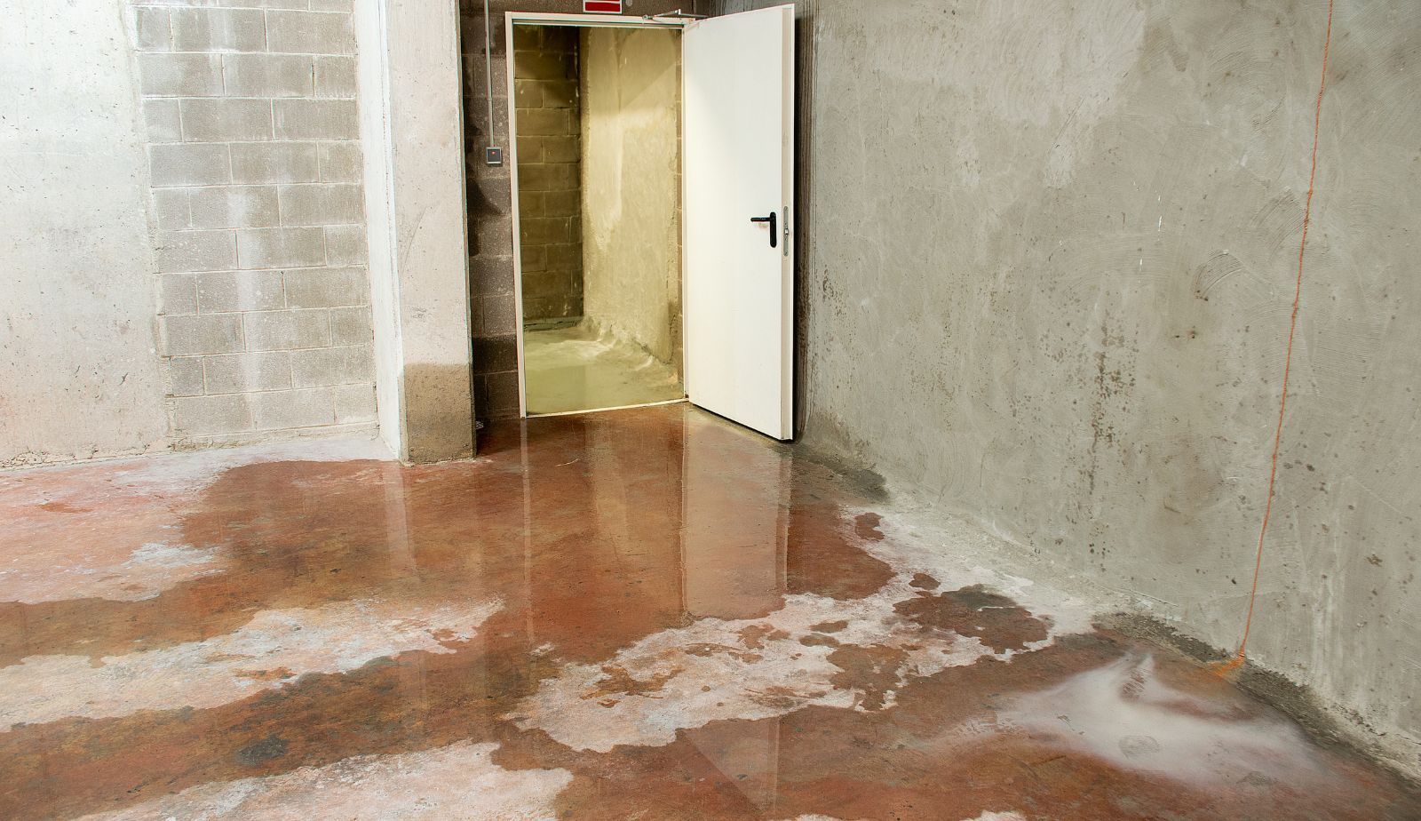 A flooded room with a door open and a dirty floor.