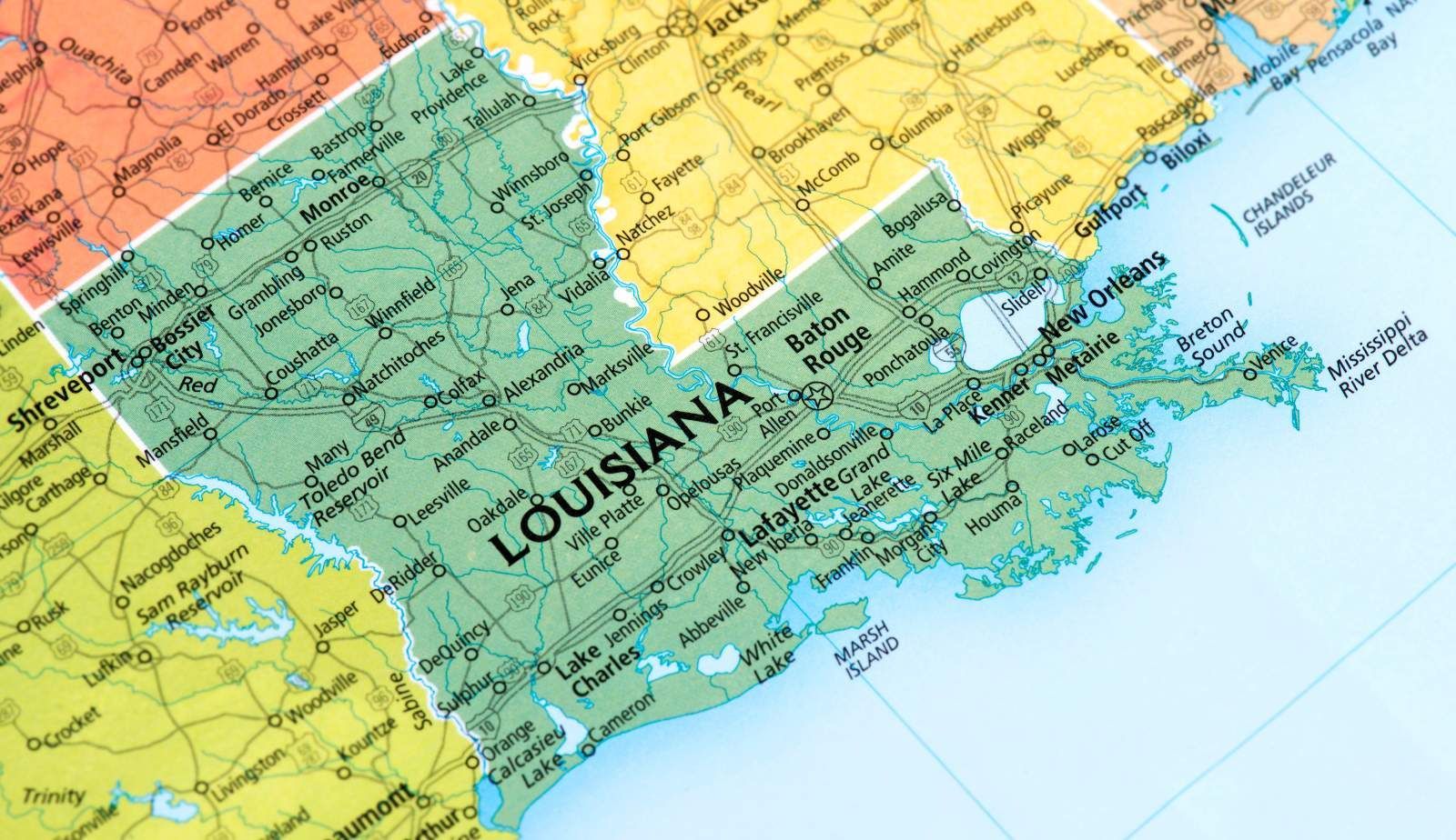 A close up of a map of the state of louisiana