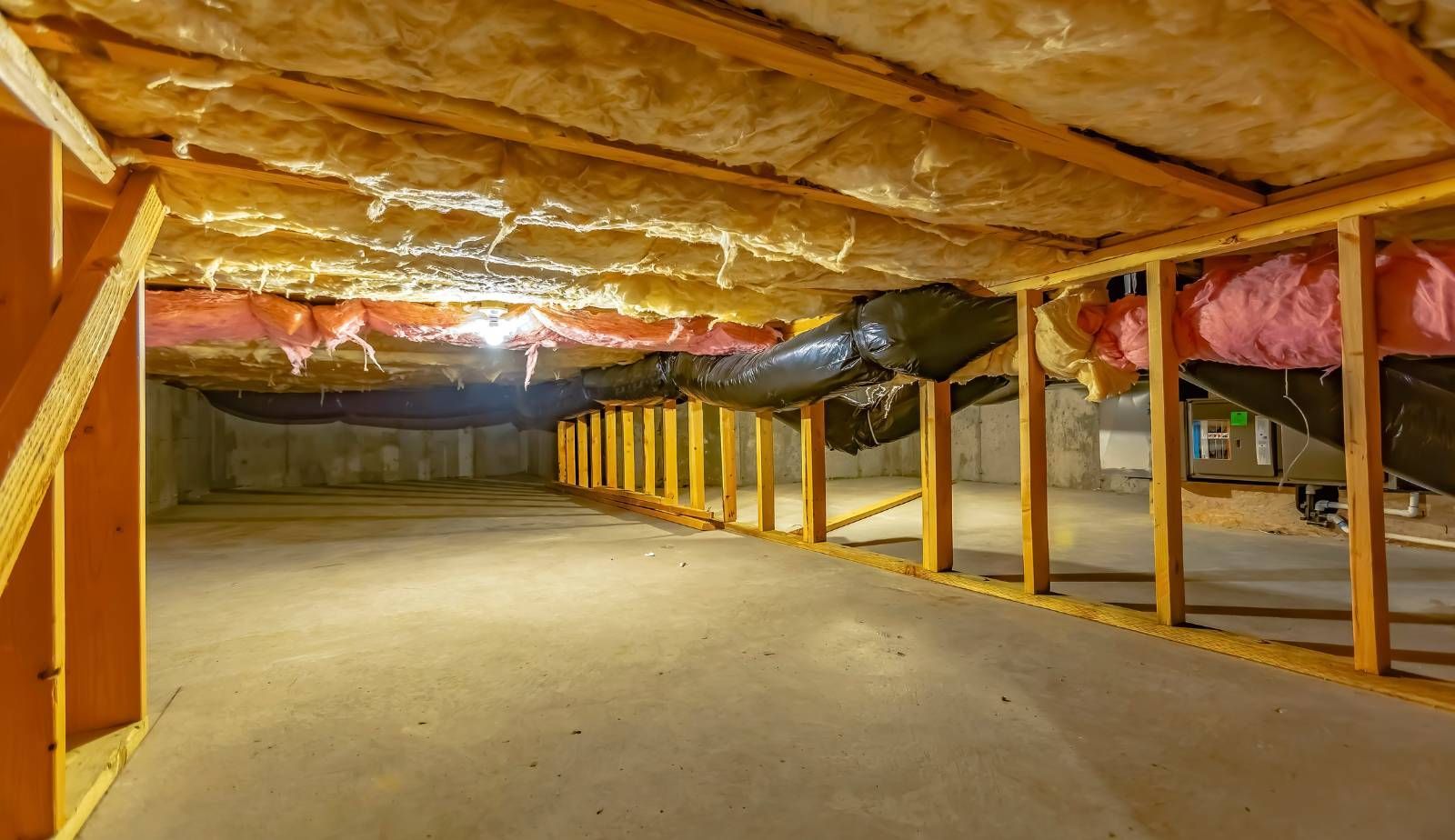 A properly encapsulated crawl space with vapor barrier and dehumidifier installed.