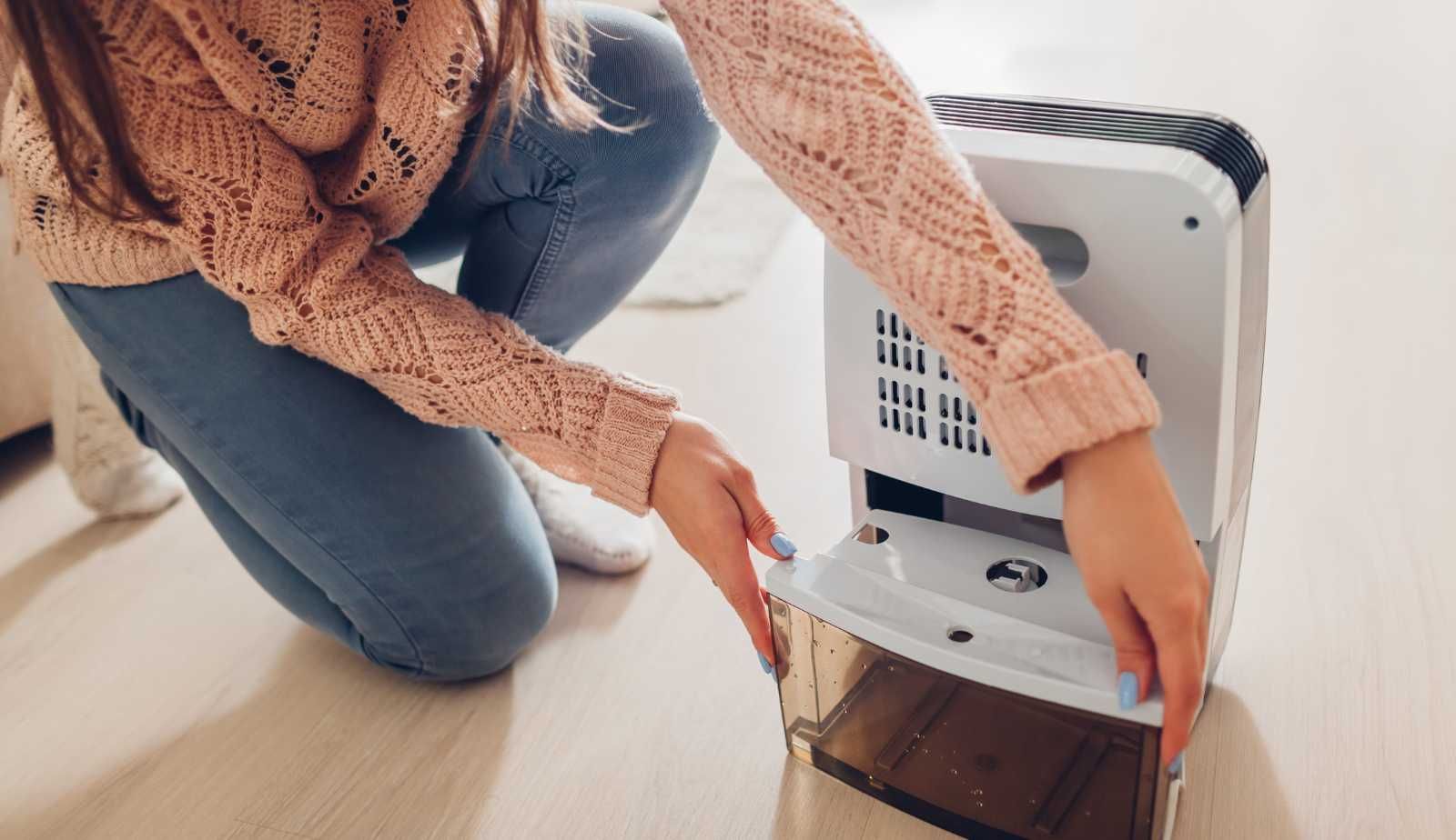 A woman is cleaning a dehumidifier on the floor.