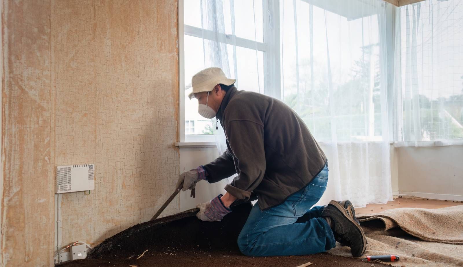 Homeowner safely removing water-damaged carpet and padding, wearing protective gear to avoid contact with contaminants.