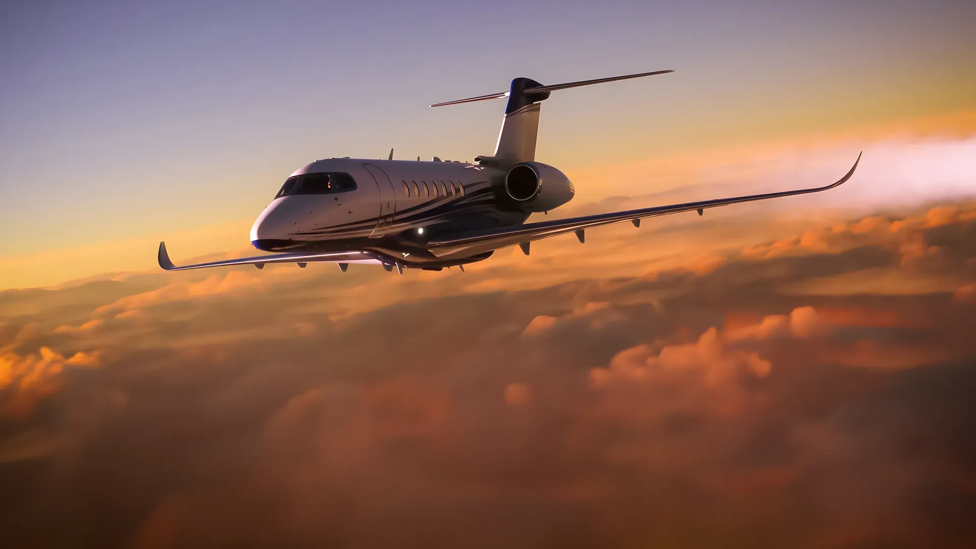 Airplane flying above clouds at sunset.