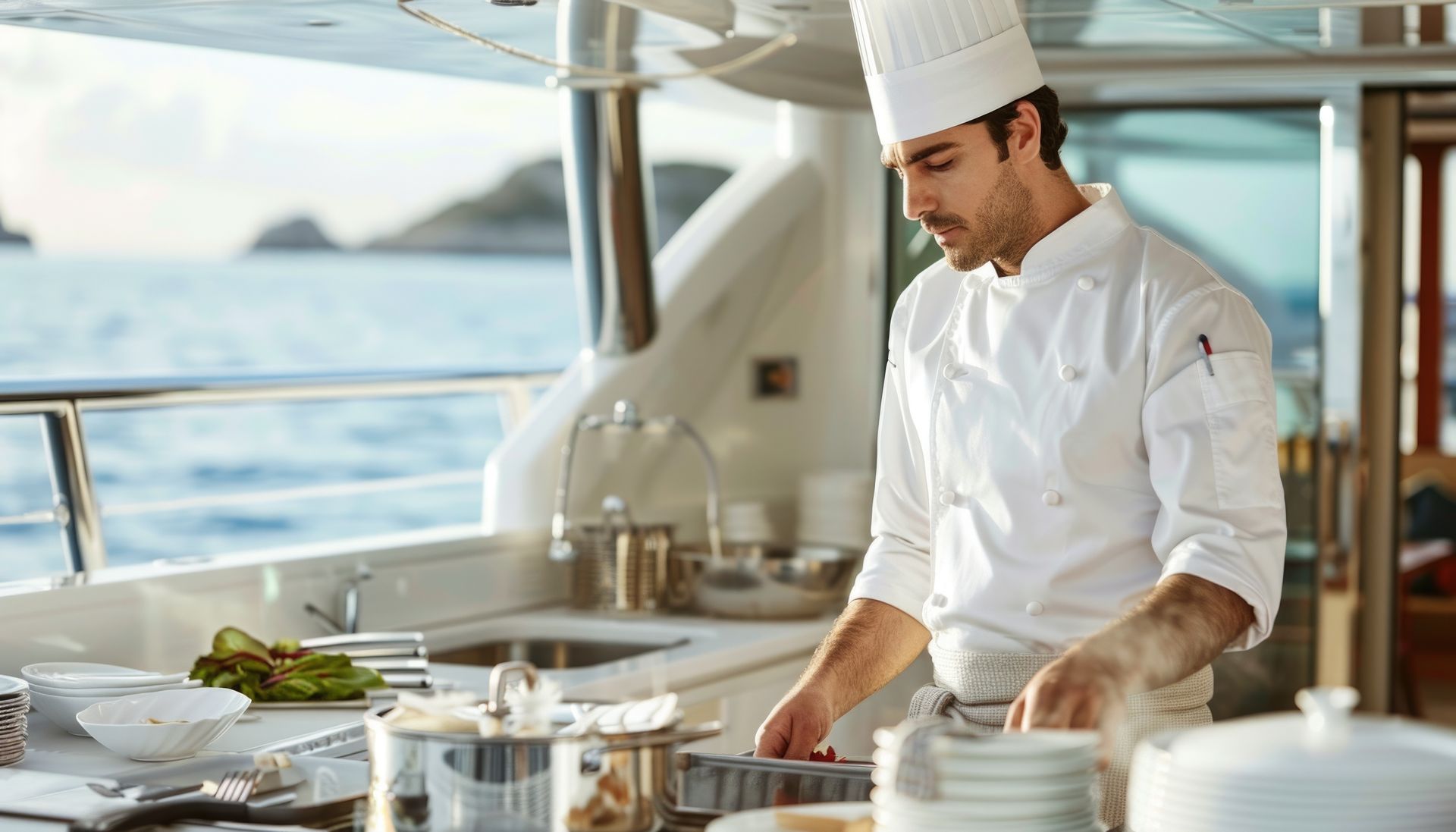 Superyacht professional chef prepares food for onboard guests