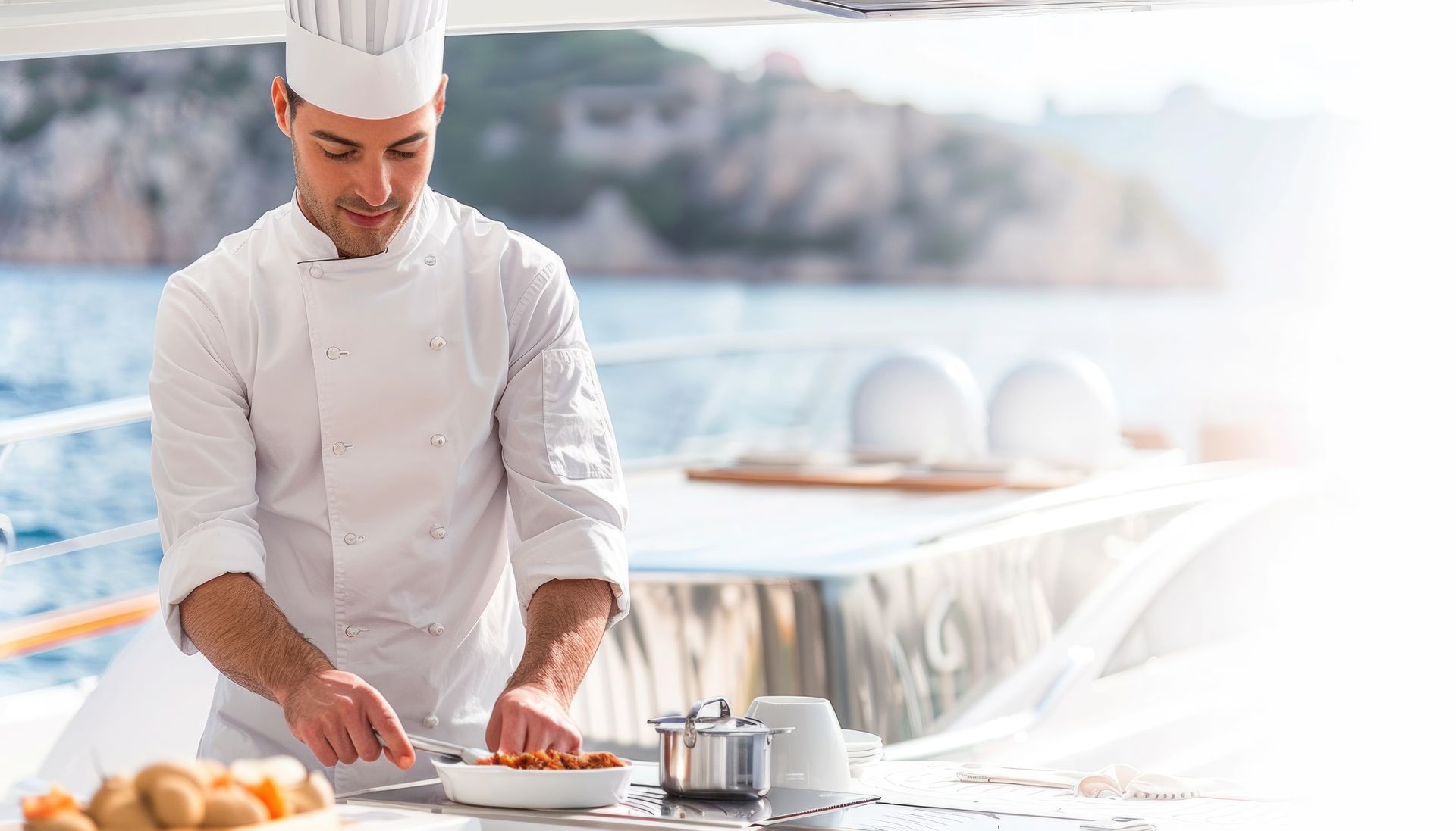 Superyacht professional chef prepares food for onboard guests