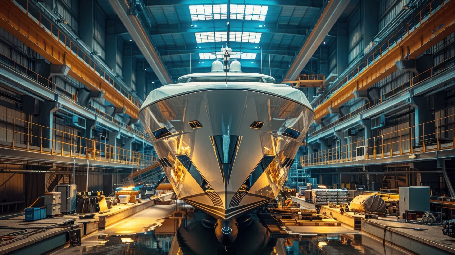new superyacht under construction in enclosed drydock
