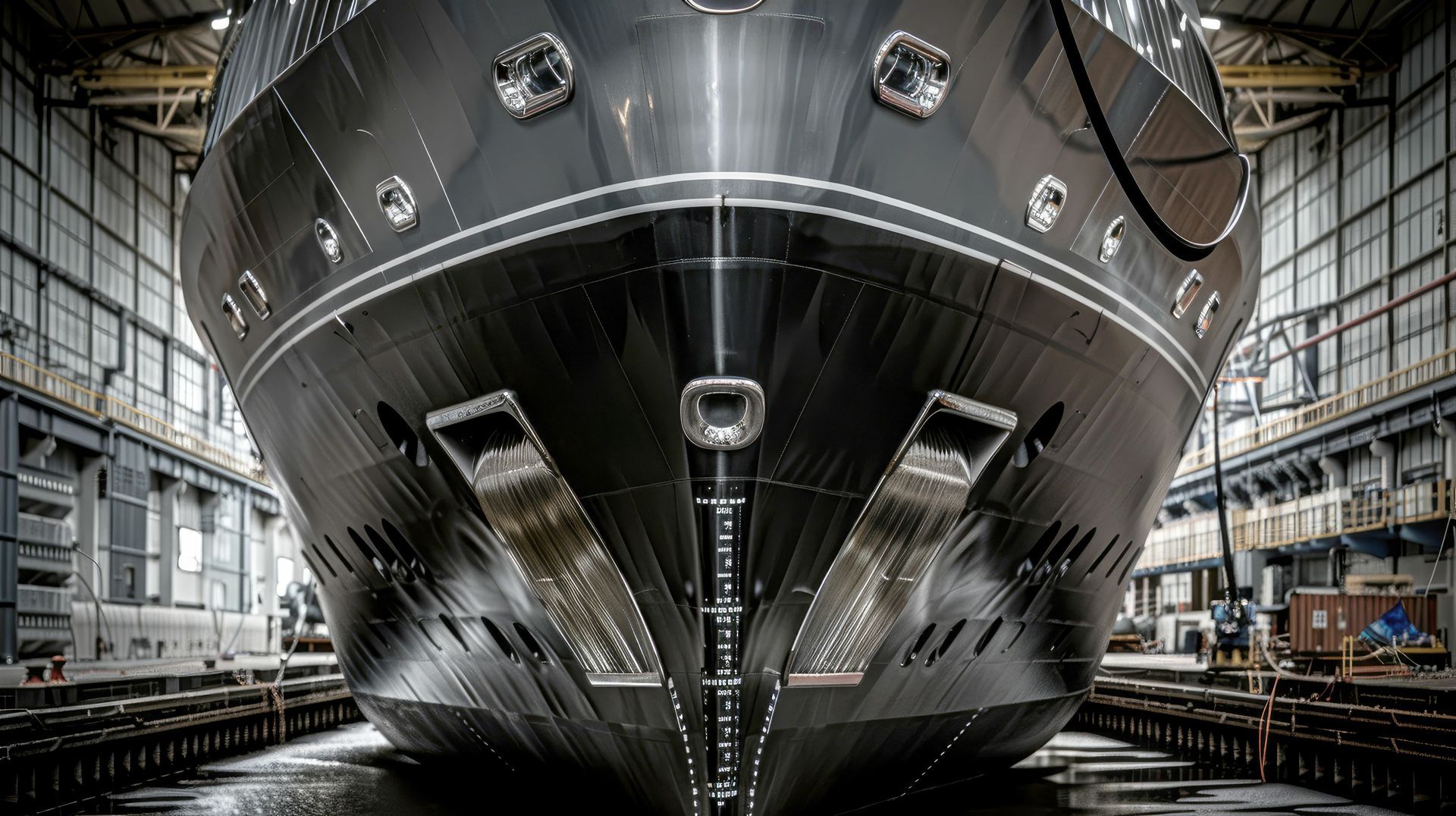 Black and white image of a new build superyacht in an undercover drydock.