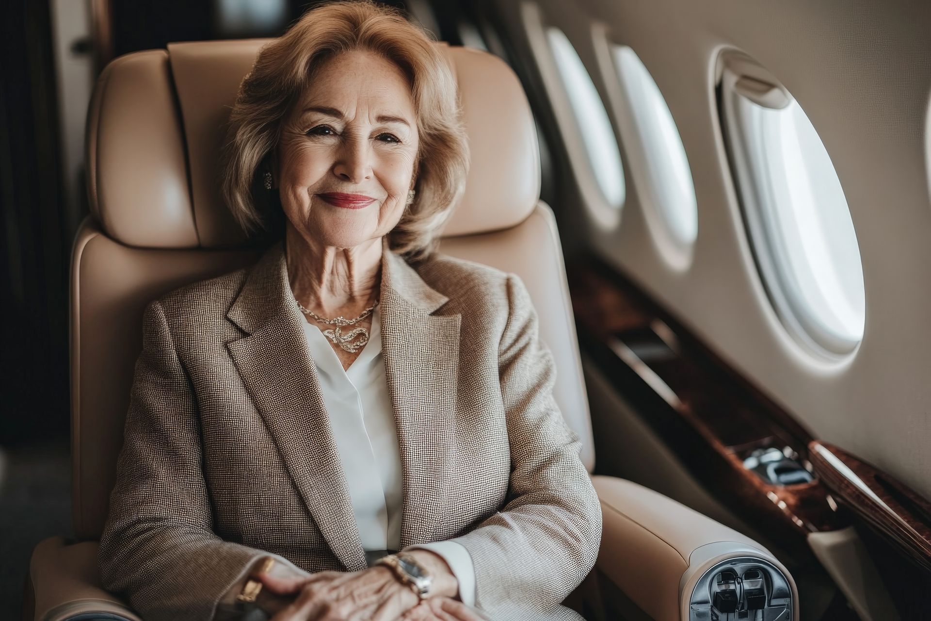Woman smiling in a private jet seat, wearing a blazer. Beige interior, window visible.