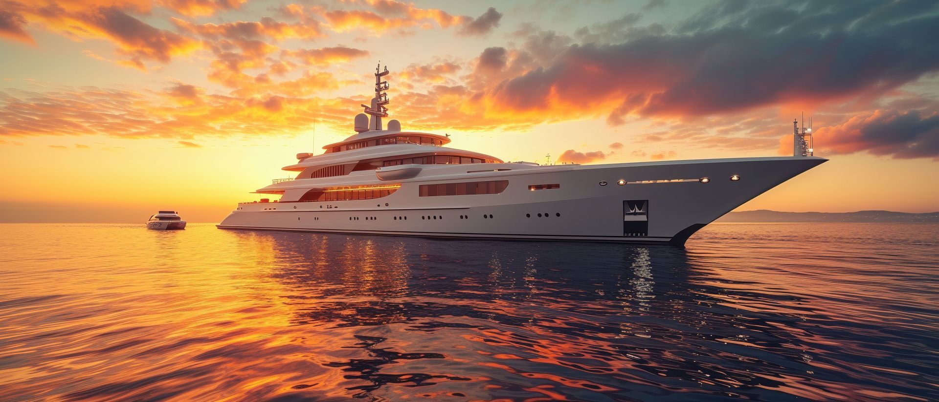 large white superyacht on a dead calm sea with a glowing orange sunset